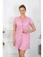Moda Kadın Pamuk Dokuma Kısa Kol Düğmeli Pembe Tunik Gecelik 5