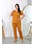 Moda Kadın Büyük Beden Kısa Kol Penye Pijama Takımı Hardal 4