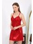 Moda Ip Askılı Micro Kumaş Kısa Parlak Gecelik Ev Giyim Kırmızı 3