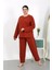Moda Kadın Büyük Beden Uzun Kol Penye Pijama Takımı Kiremit 3