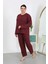 Moda Kadın Büyük Beden Uzun Kol Penye Pijama Takımı Bordo 1