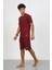 Moda Erkek Pamuk Lakost Alt Üst Kaprili Pijama Takım Bordo 2