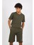 Moda Erkek Pamuk Lakost Alt Üst Kaprili Pijama Takım Haki 3