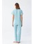 Moda Kadın Buz Mavisi Yıldız Desenli Önden Düğmeli Pijama Takımı 6