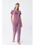 Moda Kadın Mor Yıldız Desenli Penye Kısa Kol Pijama Takımı 2