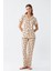 Moda Kadın Krem Rengi Kalp Desenli Önden Düğmeli Pijama Takımı 1