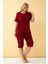 Moda Kadın Bordo Kalp Desenli Büyük Beden Kapri Pijama Takımı 2