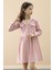Pembe Düğme Kapamalı Kız Çocuk Kapak Detaylı Uzun Kol Elbise 20698 2
