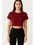 Slim Fit Bisiklet Yaka Likralı Kısa Kol Süprem Kumaş Crop Bordo 1