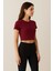 Slim Fit Bisiklet Yaka Likralı Kısa Kol Süprem Kumaş Crop Bordo 2