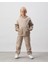Kız Çocuk Pamuklu Bej Kapüşonlu Sweatshirt Eşofman Alt-Üst Takım - Rahat Günlük Giyim 1