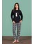 Kadın Siyah Kedi Baskılı Uzun Kollu Yuvarlak Yaka Pijama Takımı C7T2N91 4