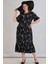 Kadın Dora Büyük Beden Volanlı Mermer Desen Siyah Elbise 3
