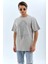 Unisex Oversize Taşlı Bisiklet Yaka T-Shirt - Gri 4