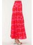 Viskon Kumaş Pembe Kırmızı Desenli Fırfırlı Yırtmaçlı Uzun Etek 6