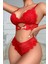 Kadın Kırmızı Lastik Detaylı Çapraz Dantel Kalp Tokalı Iç Çamaşır Takımı 6
