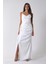 Beyaz Gümüş Askı Detaylı Yırtmaçlı Straplez Abiye 0801023.15 1