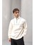 Crowe Çizgi Şeritli Oversize Yarım Fermuar Polar Erkek Sweatshirt - Ekru 6