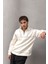 Crowe Çizgi Şeritli Oversize Yarım Fermuar Polar Erkek Sweatshirt - Ekru 8