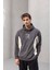 Frank Parçalı Kontrast Desenli Kapüşonlu Oversize Cepli Polar Erkek Sweatshirt - Füme 5