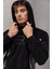Frank Parçalı Kontrast Desenli Kapüşonlu Oversize Cepli Polar Erkek Sweatshirt - Siyah 7
