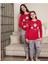 Anne-Kız Çocuk Pamuklu Penye Kumaş Kırmızı Renk Kedicik Desenli Pijama Takımı 1