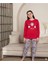 Anne-Kız Çocuk Pamuklu Penye Kumaş Kırmızı Renk Kedicik Desenli Pijama Takımı 2