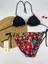 Likralı Siyah Kırmızı Çiçek Desenli Üçgen Şık Kadın Bikini Takımı 5