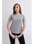 Kadın V Yaka Düz Baskısız %100 Pamuk Gri Melanj Basic Tişört 1
