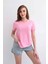 Kadın V Yaka Düz Baskısız %100 Pamuk Pembe Basic Tişört 2