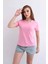 Kadın V Yaka Düz Baskısız %100 Pamuk Pembe Basic Tişört 5