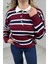 - Kadın Bordo Polo Yaka Çizgili Oversize Triko Kazak 1