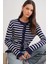 6965 Kadın Fırfır Detaylı Çizgili Triko Hırka Lacivert 1