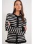 6965 Kadın Fırfır Detaylı Çizgili Triko Hırka Siyah 4