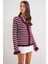 6965 Kadın Fırfır Detaylı Çizgili Triko Hırka Bordo 3