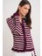 6965 Kadın Fırfır Detaylı Çizgili Triko Hırka Bordo 4
