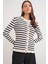 6965 Kadın Fırfır Detaylı Çizgili Triko Hırka Naturel 3