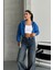 Kadın Mavi Renk Kapüşonlu Şardonlu Crop Sweatshirt Hırka 6