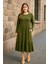 Kadın Büyük Beden Haki, Bisiklet Yaka, Etek Ucu Katlı, Cepli Viskon Elbise 65N39153 1