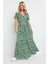 Kadın Büyük Beden Yeşil, Anvelop Yaka, Desenli Viskon Uzun Elbise 65N39135 1