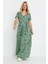 Kadın Büyük Beden Yeşil, Anvelop Yaka, Desenli Viskon Uzun Elbise 65N39135 2
