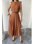 Keten Kolsuz Bluz - Maxi Etek Takım - Kahverengi 3