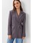Vatkalı Bağlama Detaylı Dokuma Blazer Ceket LDW0005 Füme 3