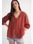 4563 Kadın Yakası Bağlamalı Kolu Lastikli Bol Müslin Gömlek Kiremit 1
