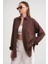 4670 Kadın Cepli Oversize Basic Keten Gömlek Kahve 1
