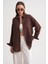 4670 Kadın Cepli Oversize Basic Keten Gömlek Kahve 5