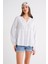 4637 Kadın Katlı V Yaka Yazlık Keten Gömlek Beyaz 4