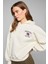 Luxe Kadın Renk Nakışlı ve Arkası Baskı Detaylı Kapüşonlu Ekru Sweatshirt 4