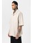 Çizgili Kısa Kol Oversize Gömlek Bej 4