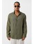 Basic Oversize Uzun Kollu Keten Gömlek Haki 3